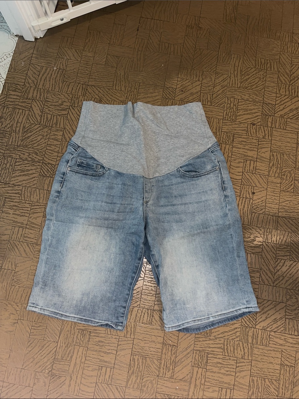 Thyme Maternity Light Blue Denim Maternity Shorts with Grey Waist Panel